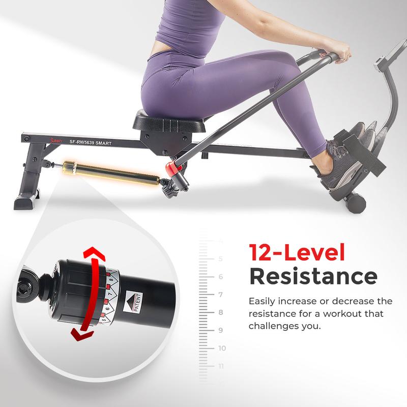 Compact Rowing Machine, Full Motion Rower w Bluetooth, 12 Levels of Smooth Adjustable Resistance, Full Body Hydraulic Resistance Rowing Machine, SMART Connectivity to SunnyFit App