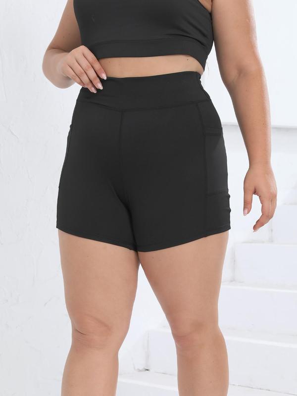  Solid High Waist Pocket Gym Shorts, Sporty Comfy Breathable Skinny Shorts for Yoga Gym Workout Running, Women's Sports Bottoms for All Seasons