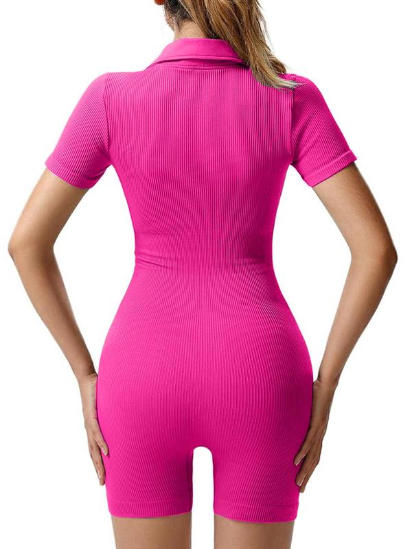 Women's Solid Button Front Ribbed Sports Romper, Casual Comfy Breathable Short Sleeve Collared Romper for Yoga Gym Workout, Ladies Sportswear for Spring & Fall