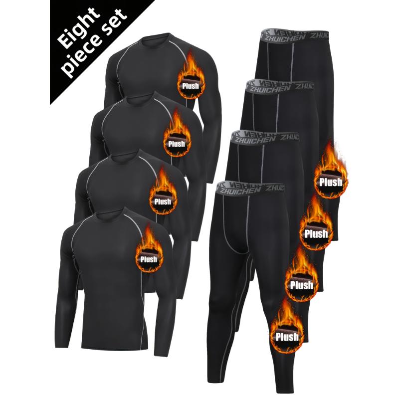 8pcs Men'S Thermal Sports Suit Set - Polyester & Elastane Crew Neck Tops with Skinny Fit Jegging - Breathable, Quick-Dry, Solid Color Activewear for Skiing, Running, Basketball, Hiking & Training - Fall Winter Collection