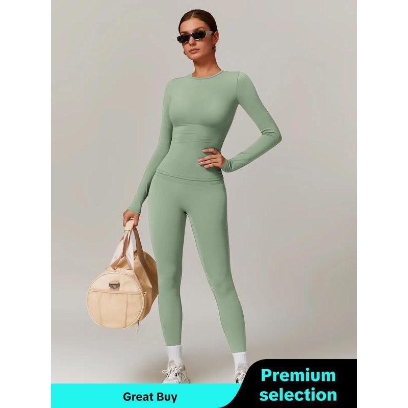 Women's Solid Long Sleeve Skinny Tee & High Waist Leggings Tracksuit Two Piece Sets Tracksuits, Sporty Breathable Quick Drying Outfits for Yoga Gym Workout Running, Ladies Sportswear for Fall, Outfit 90S Clothes Downtown Girl Outfit, Fall Outfits