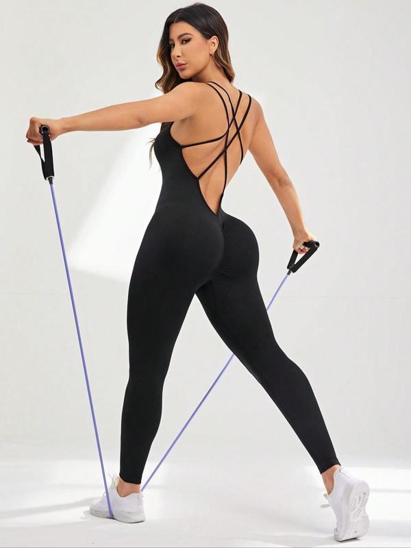 Sporty Women's Solid Color Criss Cross Backless Sports Cami Jumpsuit, Sporty Sleeveless Double Spaghetti Strap Skinny Jumpsuit for Yoga Gym Workout, Ladies Sportswear for All Seasons