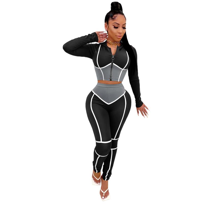 Autumn and Winter European and American Women's Clothing Fashion Yoga Clothes Contrast Color Tight Two-Piece Sports Suit in Stock