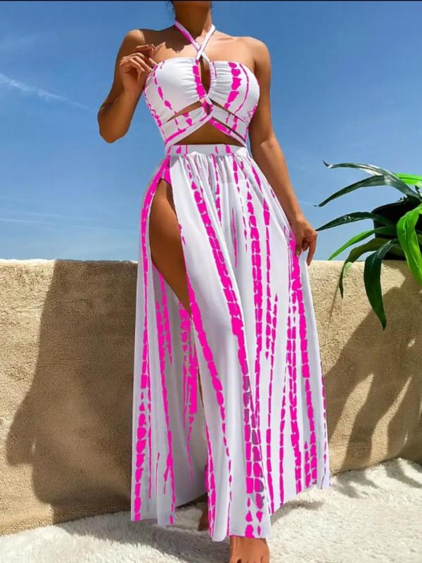 Women's Striped Print Halter Neck Swimsuit Set, Criss Cross Tie Back Ruched Bikini Top & Split Thigh Cover Up Skirt & Swim Bottom, Summer Beach Holiday Vacation Swimwear Set for Women