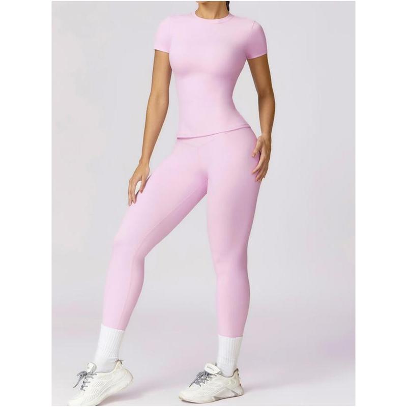 2 4 Counts Women's Solid Round Neck Tee & High Waist Leggings Tracksuit Set, Sporty Comfy T-shirt & Skinny Pants for Yoga Gym Workout, Ladies Summer Sportswear,Women's Tracksuits, Fall Clothes Downtown Girl Outfit 27 Women's Breathable