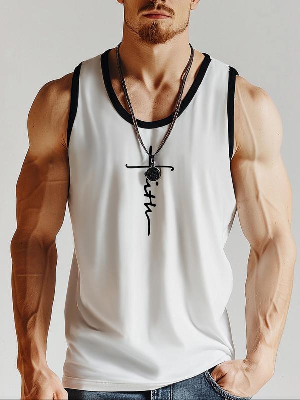 Men's Letter Print Contrast Binding Sports Tank Top, Regular Fit Sporty Casual Round Neck Sleeveless Top, Workout Clothes, Running Vest, Gym Vest, Men's Sport & Outdoor Clothing for Summer