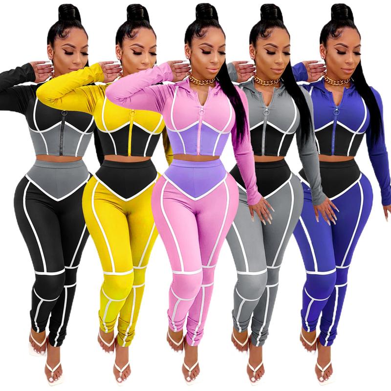 Autumn and Winter European and American Women's Clothing Fashion Yoga Clothes Contrast Color Tight Two-Piece Sports Suit in Stock