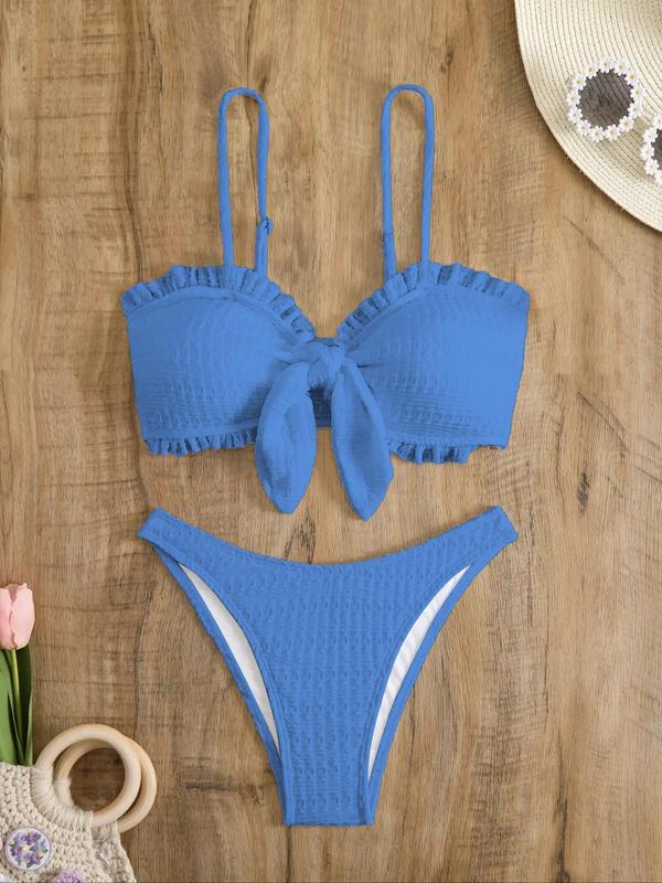 Women's Bow Front Frill Bikini Set, Solid Adjustable Strap Swim Top & High Cut Swim Bottom, Boho Fashion Women's Swimwear for Summer Beach Holiday Vacation