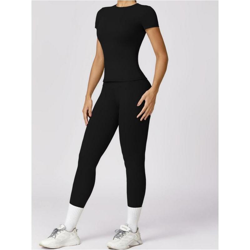 2 4 Counts Women's Solid Round Neck Tee & High Waist Leggings Tracksuit Set, Sporty Comfy T-shirt & Skinny Pants for Yoga Gym Workout, Ladies Summer Sportswear,Women's Tracksuits, Fall Clothes Downtown Girl Outfit 27 Women's Breathable