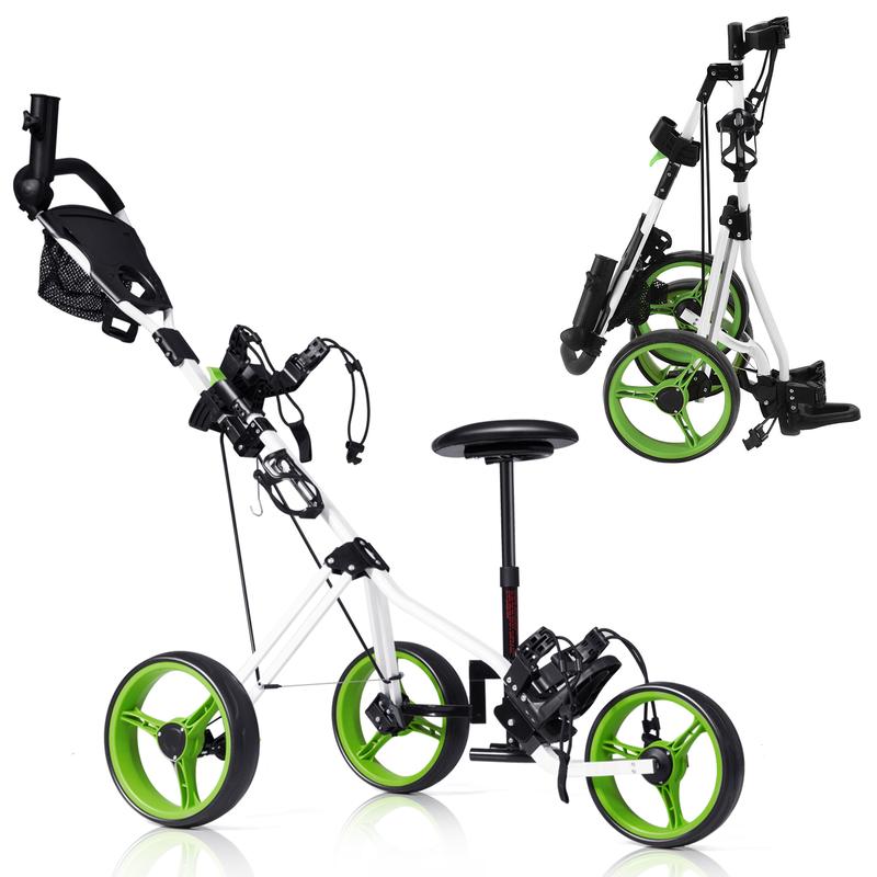 FestivalJoy-Foldable 3 Wheels Push Pull Golf Trolley with Scoreboard Bag-Green