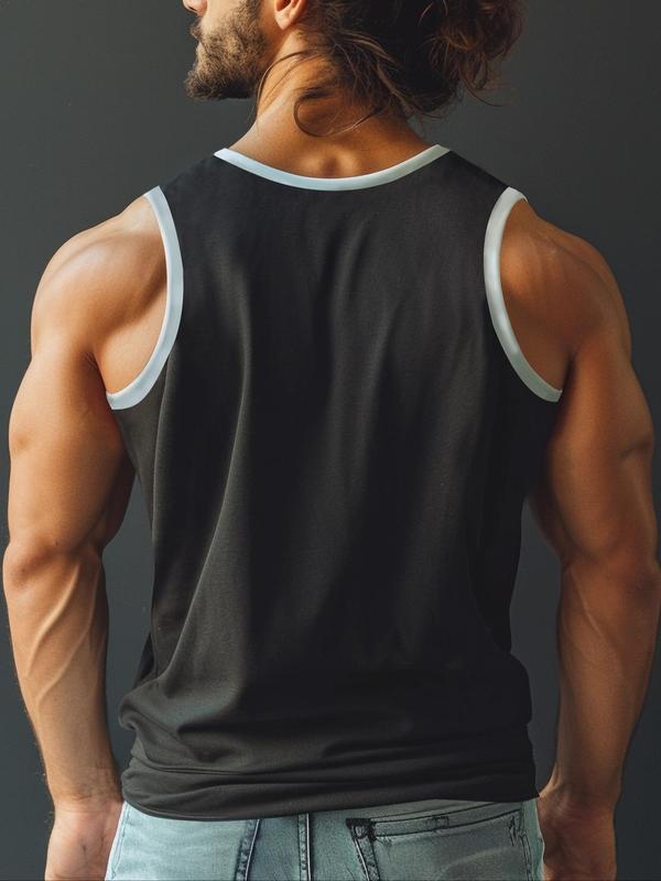 Men's Letter Print Contrast Binding Sports Tank Top, Regular Fit Sporty Casual Round Neck Sleeveless Top, Workout Clothes, Running Vest, Gym Vest, Men's Sport & Outdoor Clothing for Summer