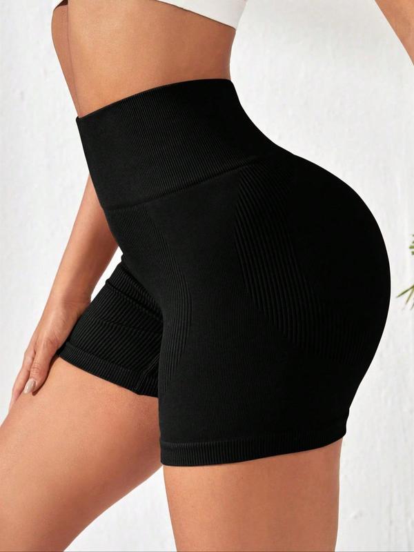 Women's Solid High Waist Sports Shorts, Sporty High Stretch Ribbed Biker Shorts, Ladies Sportswear for Indoor Outdoor Wear