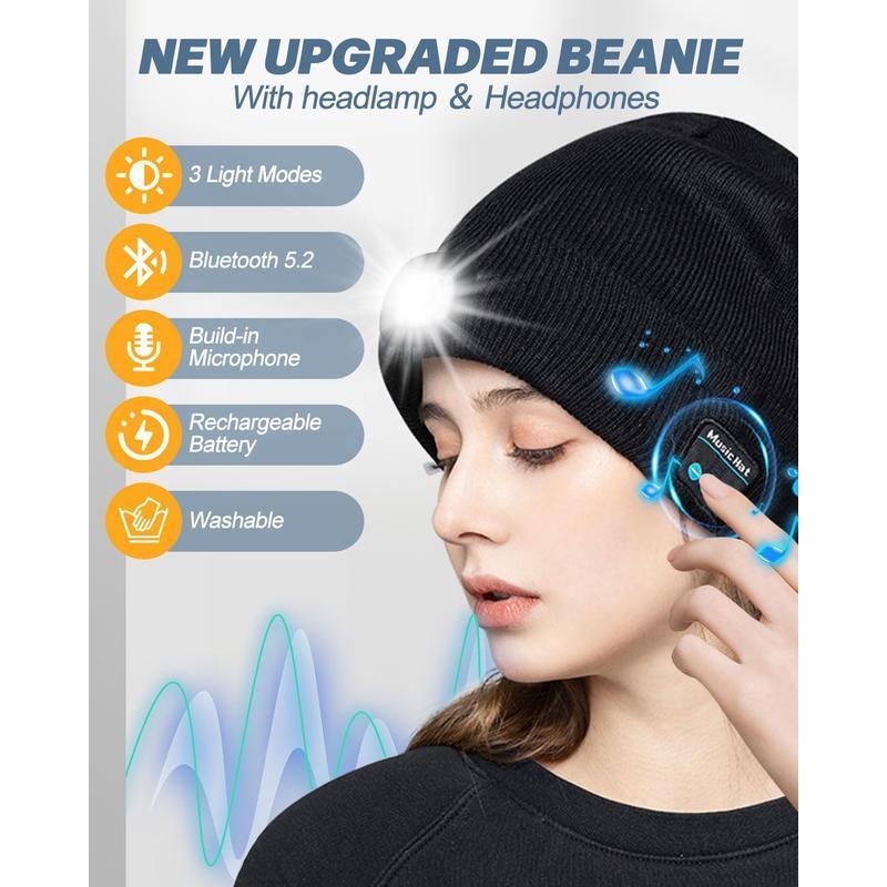 Bluetooth Beanie with LED Headlight and Removable Speakers, USB Rechargeable Knit warm winter Hat balaclava Hat for Music and Calling, sport,outdoor,Unisex Christmas Birthday Gift