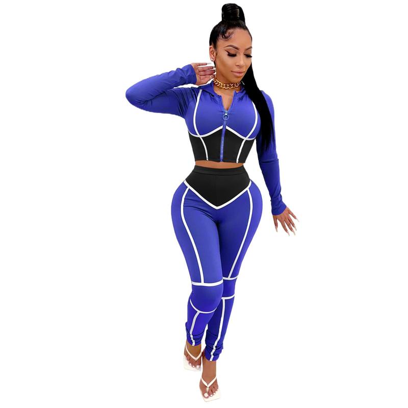 Autumn and Winter European and American Women's Clothing Fashion Yoga Clothes Contrast Color Tight Two-Piece Sports Suit in Stock