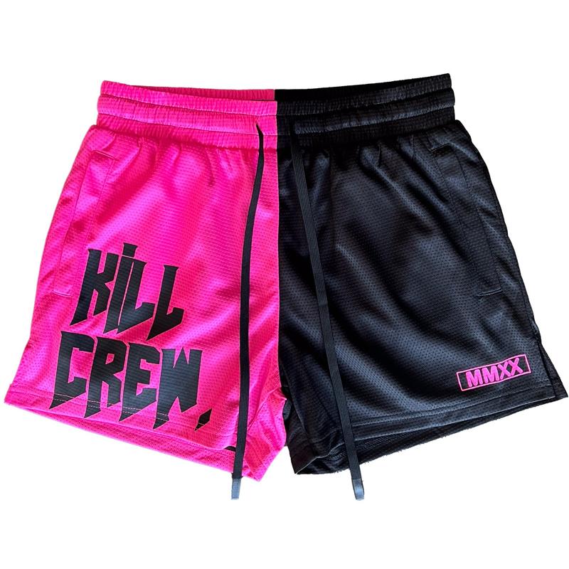 [Kill Crew] Muay Thai Shorts 2 Tone - Black   Pink, Unisex, Mid Thigh Cut, Pockets, Gym Shorts, Elastic Waistband, Long drawcord with wax tips