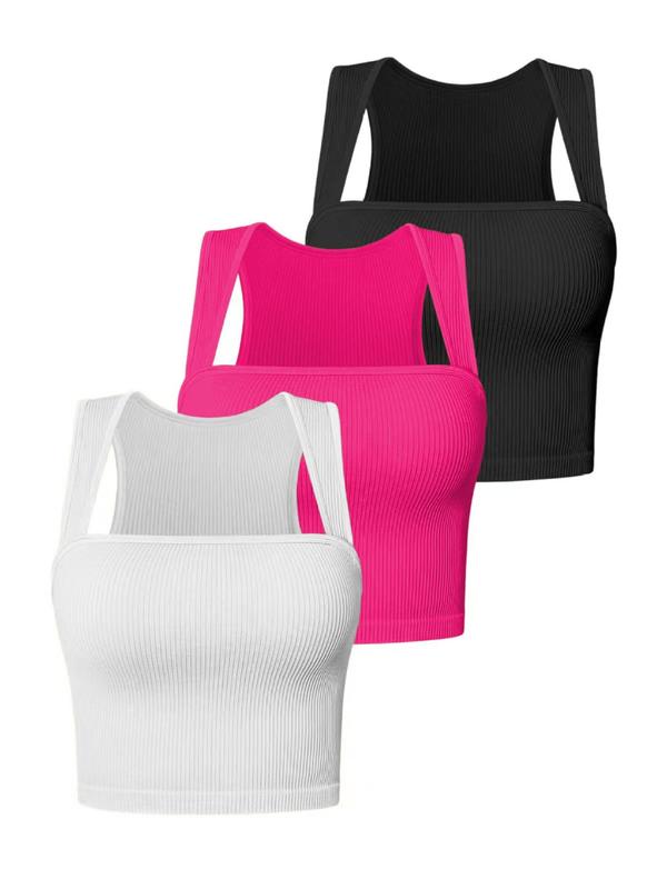 Women's Solid Ribbed Square Neck Crop Sports Vest, Sporty Sleeveless Tank Top for Yoga Gym Workout, Ladies Sportswear for All Seasons