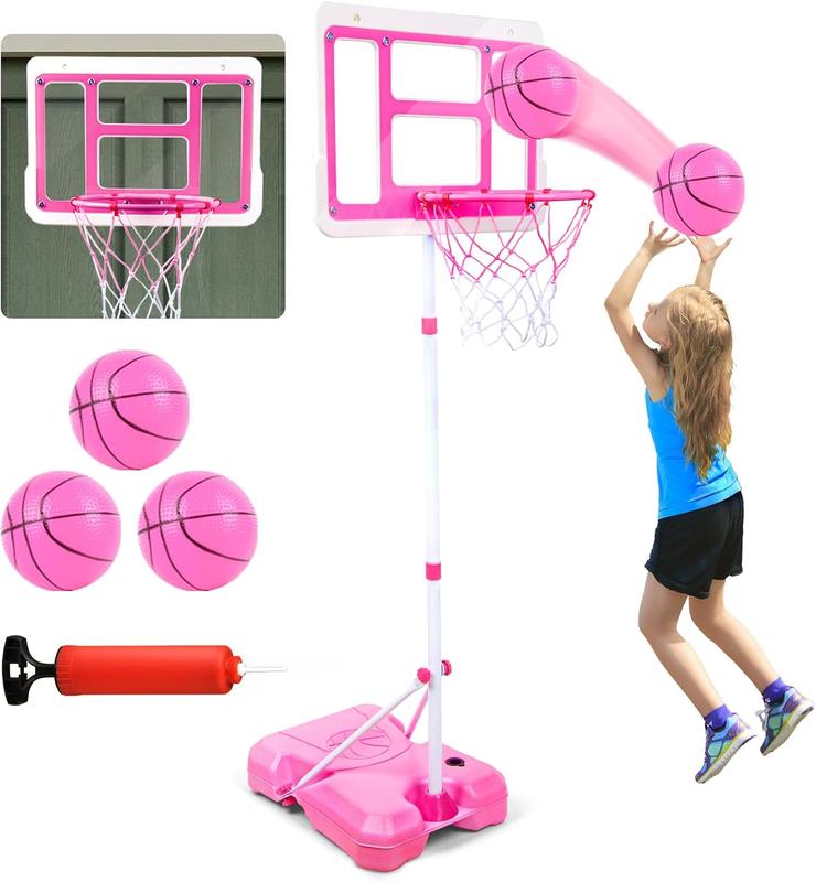 Kids Basketball Hoop with Stand, Adjustable Height 3.5FT-6.2FT Toddler Basketball Hoop, Basketball Goal Outdoor Indoor Toys for Girls Age 3 4 5 6 7 8 Years Old Gifts(Pink)