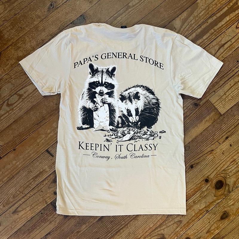 Keepin' It Classy, Never Trashy- Possum, Raccoon, Khaki Short Sleeve Tee Casual Cotton