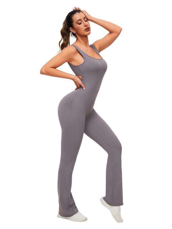 Women's Cut Out Flared Sports Jumpsuit, Sport Scoop Neck Backless Tank Jumpsuit, Ladies Sportswear Clothing, Tummy Control