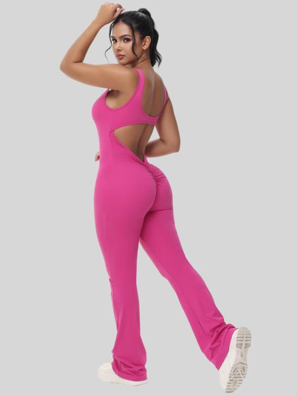 Women's Cut Out Flared Sports Jumpsuit, Sport Scoop Neck Backless Tank Jumpsuit, Ladies Sportswear Clothing, Tummy Control