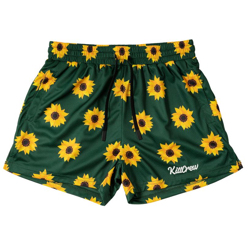 Kill Crew Muay Thai Shorts - Sunflower - Green, Unisex, Mid Thigh Cut, Pockets, Gym Shorts, Elastic Waistband, Long drawcord with wax tips