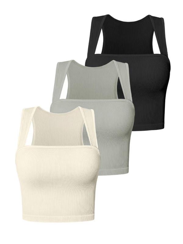 Women's Solid Ribbed Square Neck Crop Sports Vest, Sporty Sleeveless Tank Top for Yoga Gym Workout, Ladies Sportswear for All Seasons