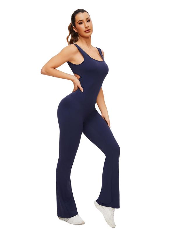 Women's Cut Out Flared Sports Jumpsuit, Sport Scoop Neck Backless Tank Jumpsuit, Ladies Sportswear Clothing, Tummy Control