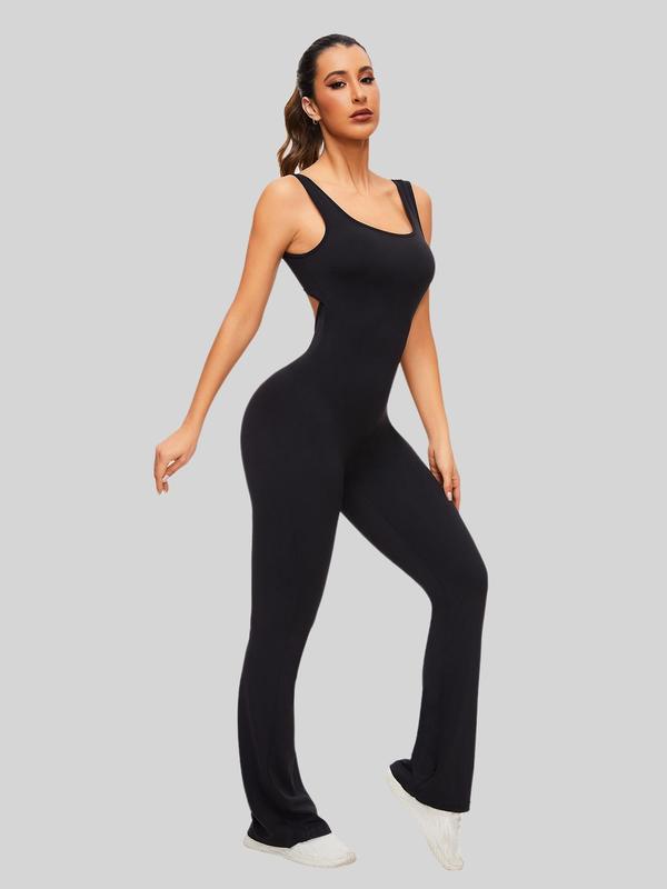 Women's Cut Out Flared Sports Jumpsuit, Sport Scoop Neck Backless Tank Jumpsuit, Ladies Sportswear Clothing, Tummy Control