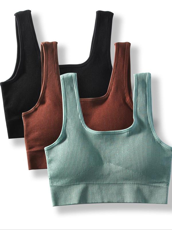 Women's Solid Ribbed Sports Bra, Breathable Comfortable Removable Chest Pads Bra, Ladies Sportswear for Indoor Outdoor Wear