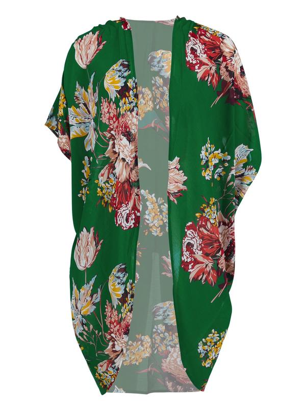 Women's Floral Print Batwing Sleeve Kimono, Casual Half Sleeve Open Front Kimono for Summer, Ladies Swimwear for Beach Holiday Vacation