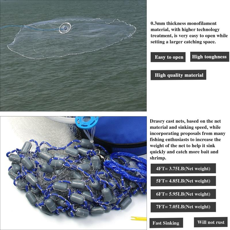 Drasry Fishing Cast Net with Aluminum Ring 3 8 Mesh for Bait Shrimp Minnow Saltwater Freshwater Bait Shrimp Trap Fish Throw Net Heavy Duty Sinker. Size 4FT 5FT 6FT 7FT Radius fishing gift bait trap