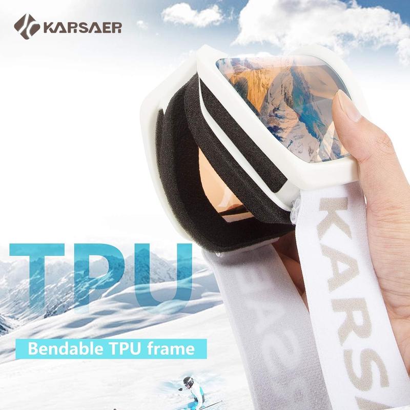 Karsaer Ski Goggles Anti-Fog Snow Goggles OTG 100% UV Protection Snowboard Goggles Bendable Dual-Lenses for Men Women Youth B7012