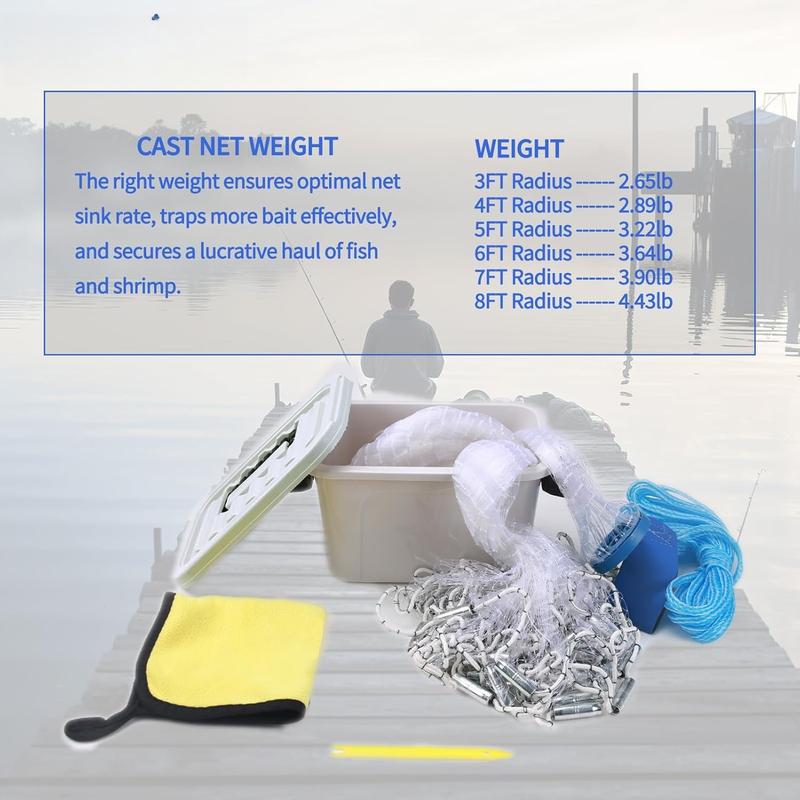 Saltwater  Fishing Cast Net for Bait Trap Fish Heavy Duty Throw Net 3Ft 4Ft 5Ft 6Ft 7Ft 8Ft Radius Freshwater Casting Nets with an Extra Fishing Cage, 1 2 Inch Mesh Size