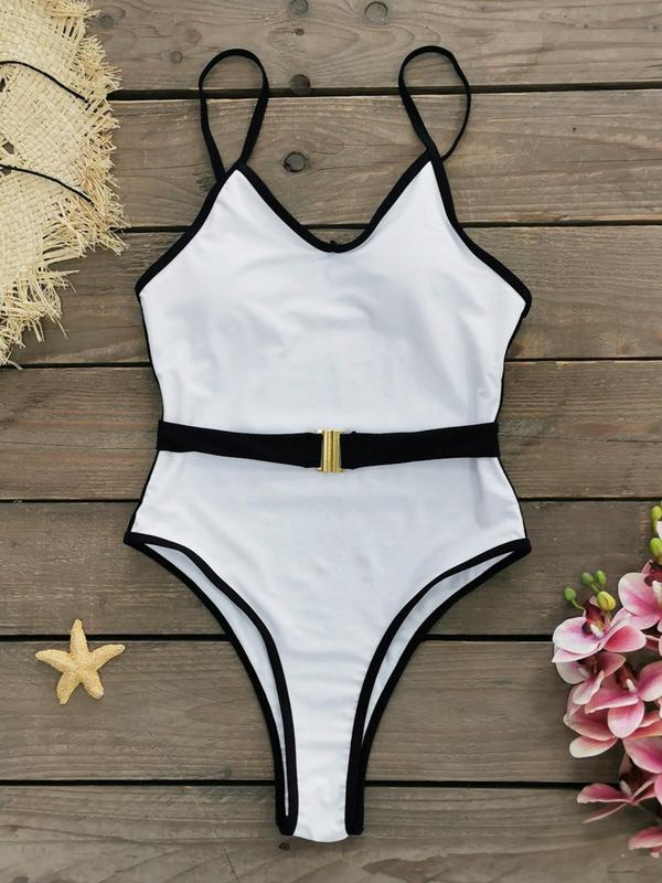 Women's Contrast Binding Belted One-Piece Swimsuit, Casual Sleeveless Triangle Swimwear for Beach Holiday Vacation, Ladies Swimsuit for All Seasons