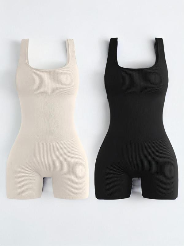 Women's Solid Square Neck Sports Romper, Casual Seamless Sleeveless Bodycon Romper for Yoga Gym Workout, Ladies Leotard Sportswear for All Seasons, Tummy Control