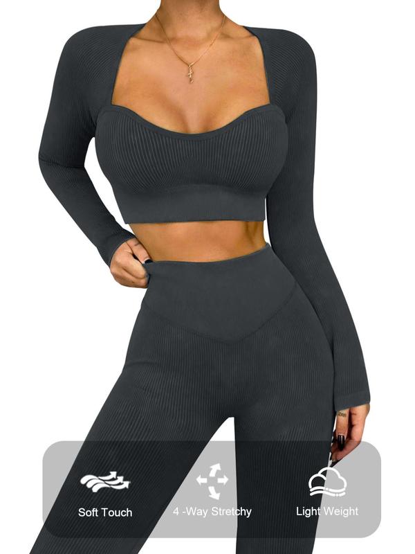 Women's Solid Long Sleeve Crop Tee & High Waist Leggings Tracksuit Set, Sporty Sweetheart Neck T-shirt & Skinny Pants, Spring & Fall Gym Clothes