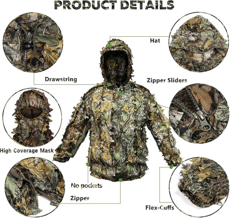 Ghillie Suit Camouflage Hunting Suits Outdoor 3D Leaf Lifelike Camo Clothing Lightweight Breathable Hooded Apparel