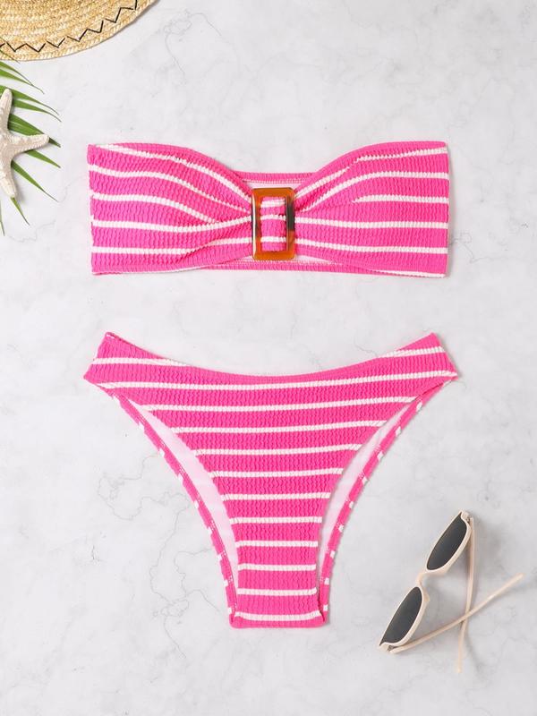 Two-piece Set Women's Striped Print Textured Bikinis Set, Casual Sleeveless Wireless Buckle Front Bra & Swim Bottom Two-Piece Swimsuit, Ladies Bathing Suit for Summer Beach Holiday Vacation