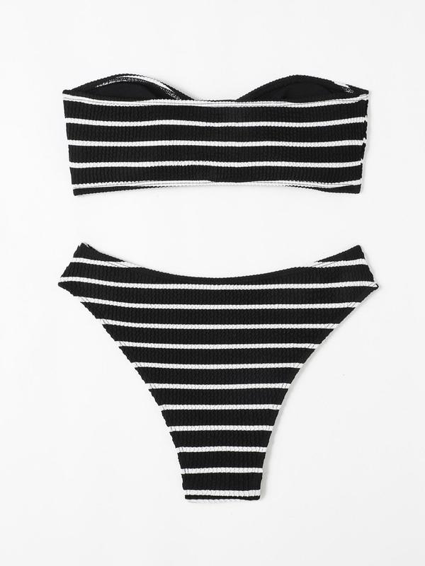 Two-piece Set Women's Striped Print Textured Bikinis Set, Casual Sleeveless Wireless Buckle Front Bra & Swim Bottom Two-Piece Swimsuit, Ladies Bathing Suit for Summer Beach Holiday Vacation