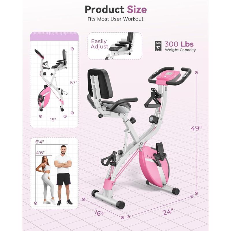 PLENY Folding Exercise Bike, Indoor Stationary Bike 16-Level Magnetic Resistance with Arm Resistance Band, Back Support Cushion Workout Bike for Home Workout Gym