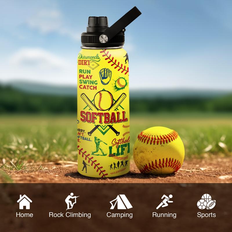 SANDJEST Softball Gift Water Bottle With Lid, 32oz Insulated Stainless Steel Sport Bottles - Gift for Softball Players Fan Coach