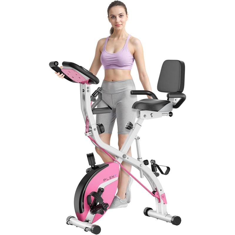 PLENY Folding Exercise Bike, Indoor Stationary Bike 16-Level Magnetic Resistance with Arm Resistance Band, Back Support Cushion Workout Bike for Home Workout Gym