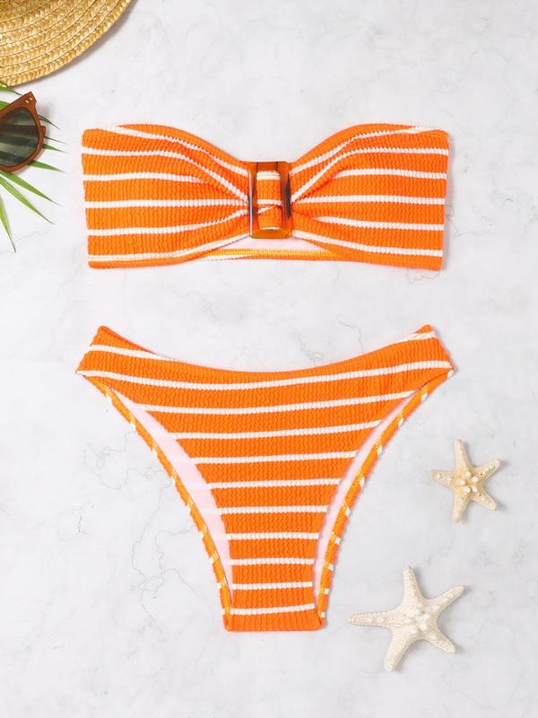 Two-piece Set Women's Striped Print Textured Bikinis Set, Casual Sleeveless Wireless Buckle Front Bra & Swim Bottom Two-Piece Swimsuit, Ladies Bathing Suit for Summer Beach Holiday Vacation