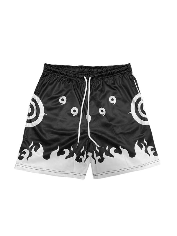 Men's Colorblock Fire Print Drawstring Waist Sports Shorts, Regular Fit Breathable Comfortable Pocket Shorts for Gym Workout Running, Men's Sportswear for Summer