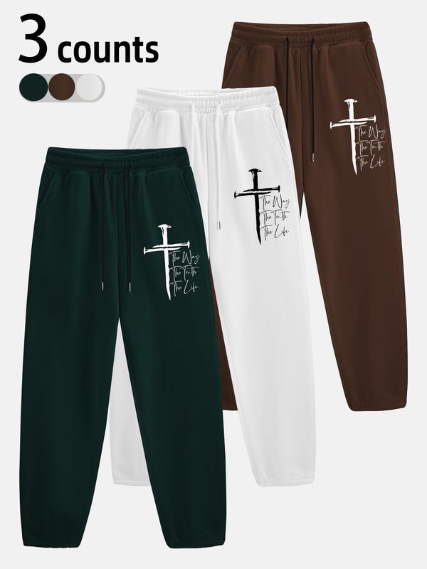 Unisex's Letter & Cross Print Drawstring Waist Sweatpants, Casual Pocket Jogger Pants for Fall & Winter, Pants for Women, Unisex's Trousers for Daily Wear