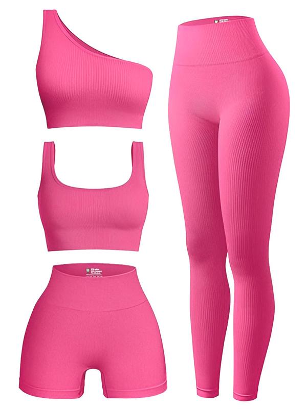 Women's Solid Tracksuit Set, Sporty One Shoulder Crop Top & High Waist Leggings & Crop Tank Top & Skinny Shorts Set, Back-to-school Clothing, Designer Sweatsuits, Gym Sets, Fall Gym Clothes, Jogging Suit Set, Black Girl Outfits, Tracksuit for Women