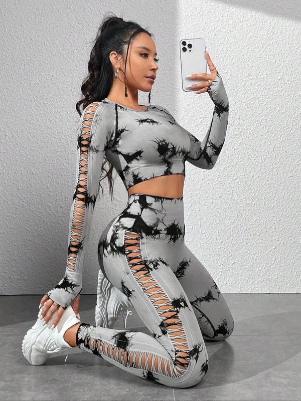 Two-Piece Set Women's Tie Dye Print Hollow Out Long Sleeve Crop Tee & High Waist Leggings Tracksuit Set, Sporty Round Neck Raglan Sleeve Top & Pants Sports Set Fall Outfits