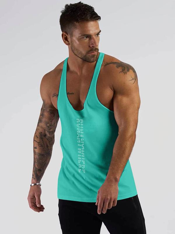 Men's Letter Print U Neck Sports Tank Top, Breathable Quick Drying Sleeveless Sports Vest Top, Men's Sportswear Clothing for Indoor Outdoor Wear, Summer Sports Top