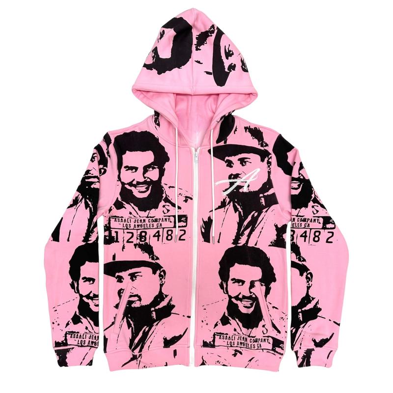 Asalii Pabl0 Esc0ba Light Pink Hoodie, Luxury Designer Pabl0 Inspired Custom Zip-up Hoodies Sweatpants 2-Piece Tracksuit, Set Long Sleeve, Cartel Sweatpants