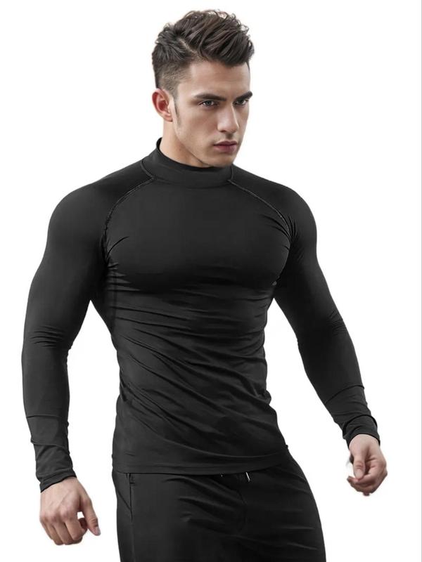 Men's Solid Long Sleeve Compression Sports Tee, Tight-fitting Breathable Quick Drying Sports T-shirt, Men's Sportswear for Indoor Outdoor Wear